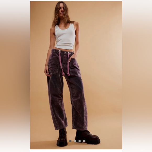 Free People Moxie Flocked Pull On Barrel Jeans Rope Tie Slouchy Ancient Pink - Picture 1 of 6